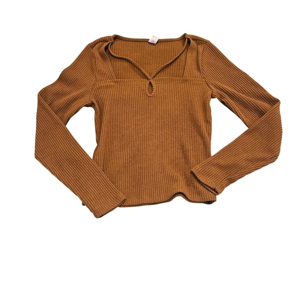 Old Navy Ribbed Knit Top Women’s Small Brown Long Sleeve Keyhole Neck Fitted